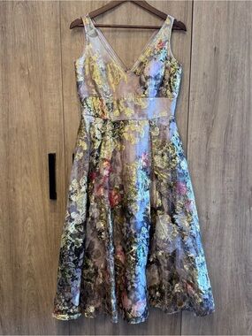 Teri Jon Metallic Floral Coquette V-Neck Midi Romantic Dress 10 Sleeveless